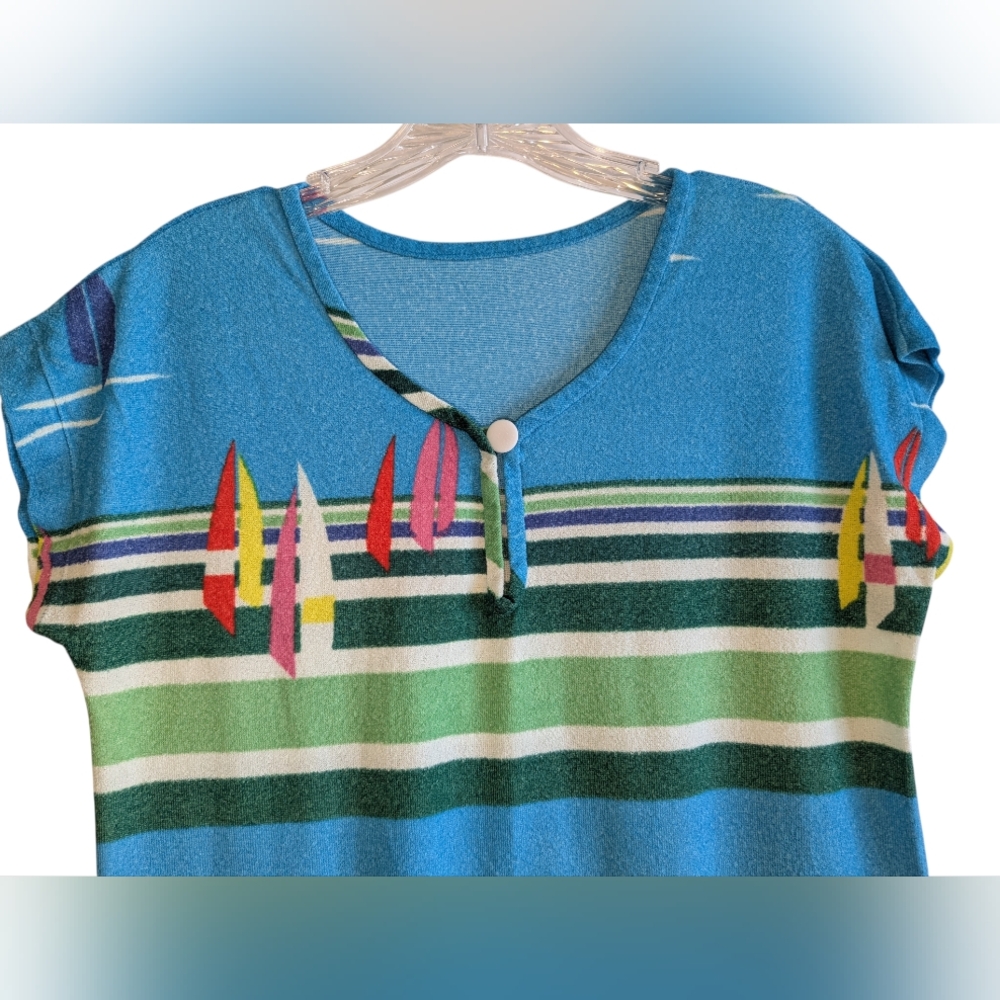 Vintage Terry Cloth Swim Cover Up Hostess Maxi Dress Sailboat Beach Tropical - Picture 4 of 5